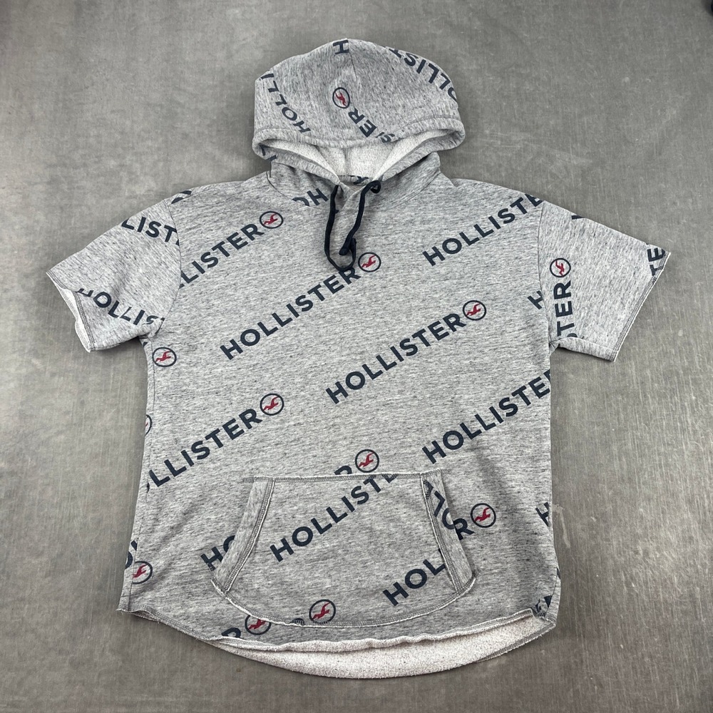 Hollister Mens L Grey Short Sleeve Hoodie All Over Logo Print Raw Hem Pullover